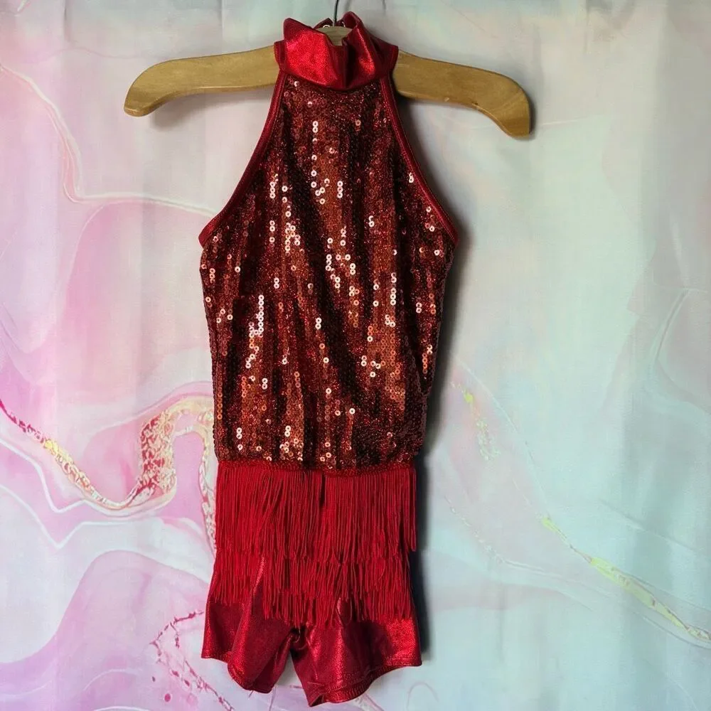 Weissman 9034 SC Red Fringe Sequin Romper Jazz Tap Acro Twirler Dance Costume